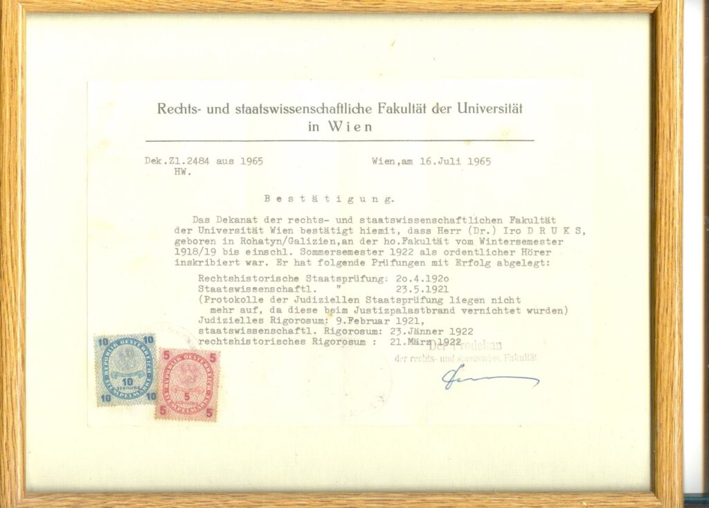 Zaświadczenie Wydziału Prawa Uniwersytetu Wiedeńskiego dot. zdania rygoryzmów przez Iro Druksa