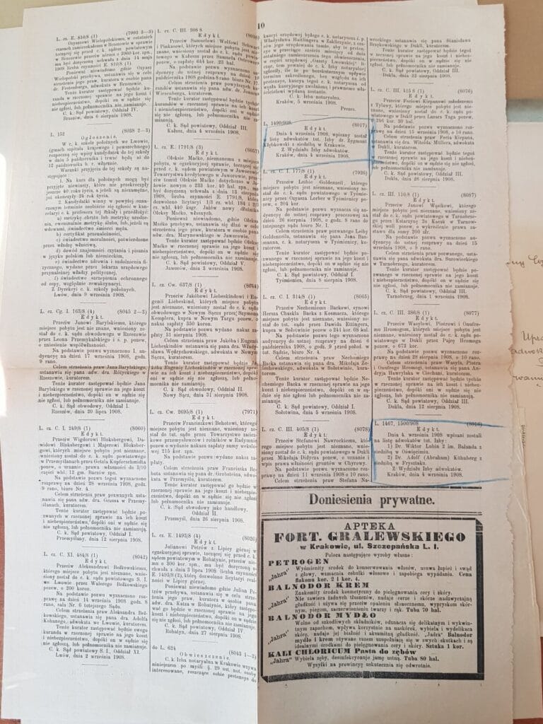 Adnotacja w „Gazecie Lwowskiej” o wpisie na listę adwokatów Izby Adwokackiej we Lwowie (II)