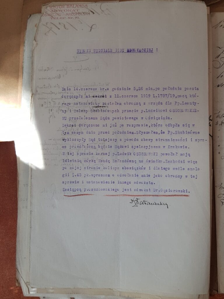 Jedno z pism adw. dr. Wiktora Bałandy; w lewym górnym rogu widoczna pieczęć Kancelarii