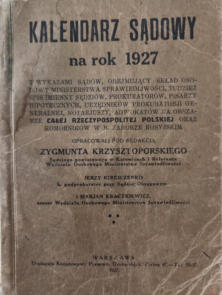 Kalendarz sądowy na rok 1927, ze wzmianką o adw. dr. Wiktorze Bałandzie